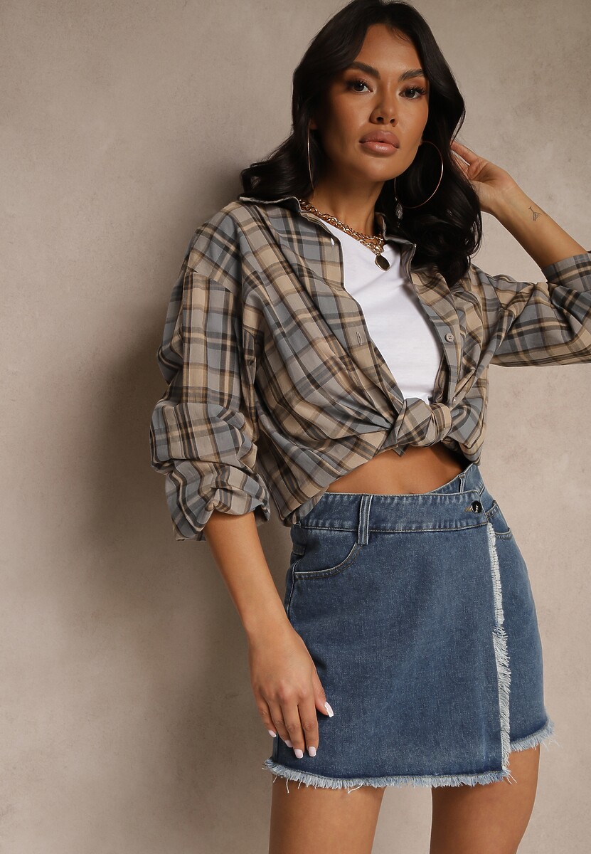 Granatowe Bawełniane Jeansowe Spódnico-Spodenki High Waist o Asymetrycznym Kroju Alwiwi