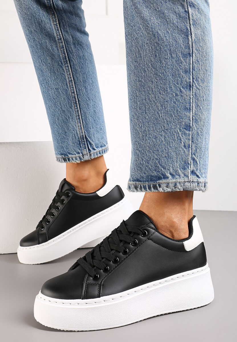 Czarne Sneakersy przed Kostkę na Grubej Podeszwie Bethoria