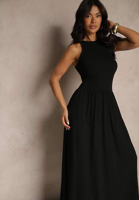 Czarna Rozkloszowana Sukienka z Bawełny z Kieszeniami Lirevane