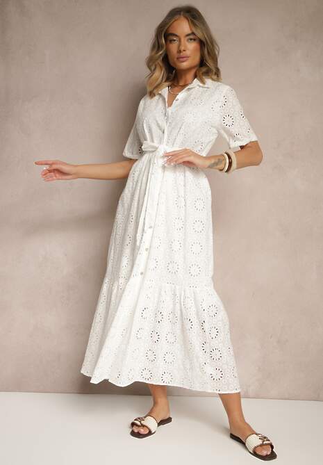 Biała Koszulowa Sukienka z Bawełny z Wiązanym Paskiem i Haftowanymi Zdobieniami Efronelle