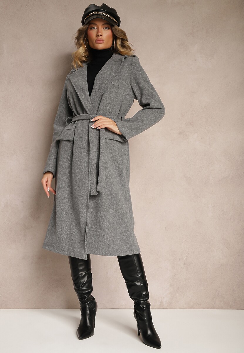 Jasnobeżowy Taliowany Płaszcz z Wiązanym Paskiem Seraphique