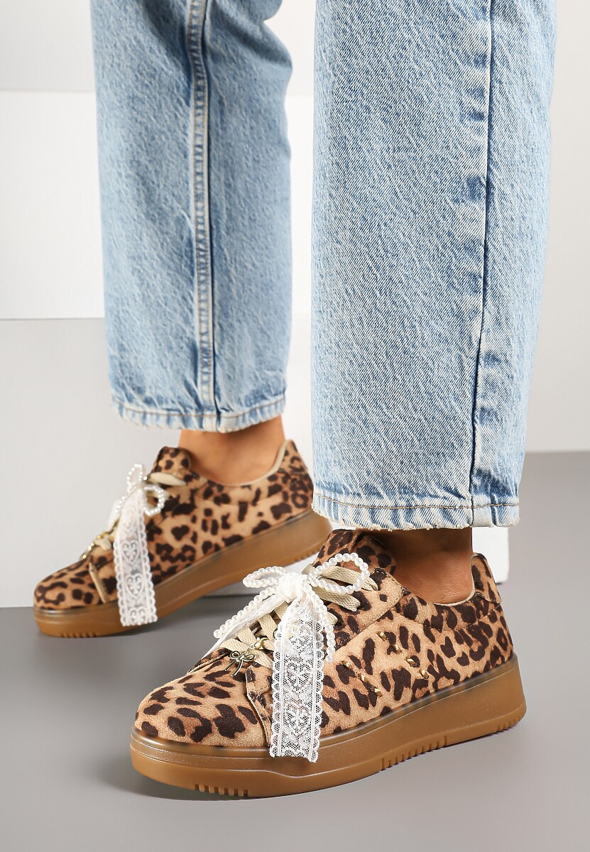 Brązowe Sneakersy na Niskiej Platformie z Aplikacjami i Kokardkami Divienne