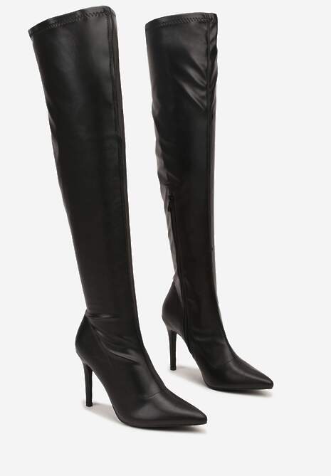 Czarne Kozaki Vices na Szpilce z Marszczoną Cholewką Calavelie