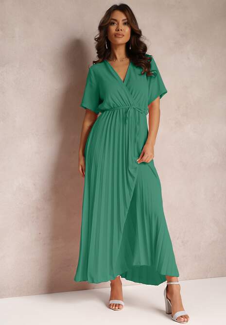 Zielona Rozkloszowana Sukienka Plisowana z Wiązanym Paskiem Eilemona