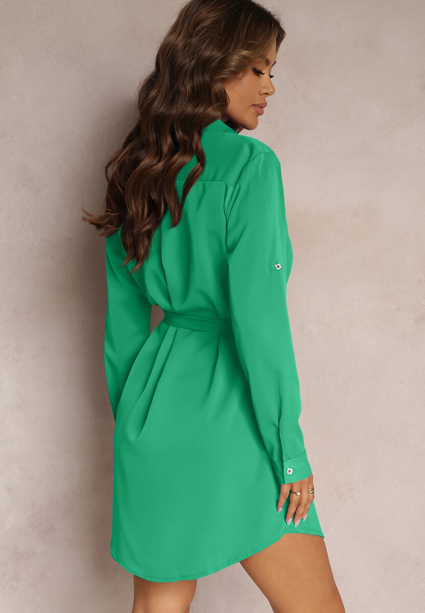 Zielona Koszulowa Sukienka Mini z Wiązanym Paskiem Andreola