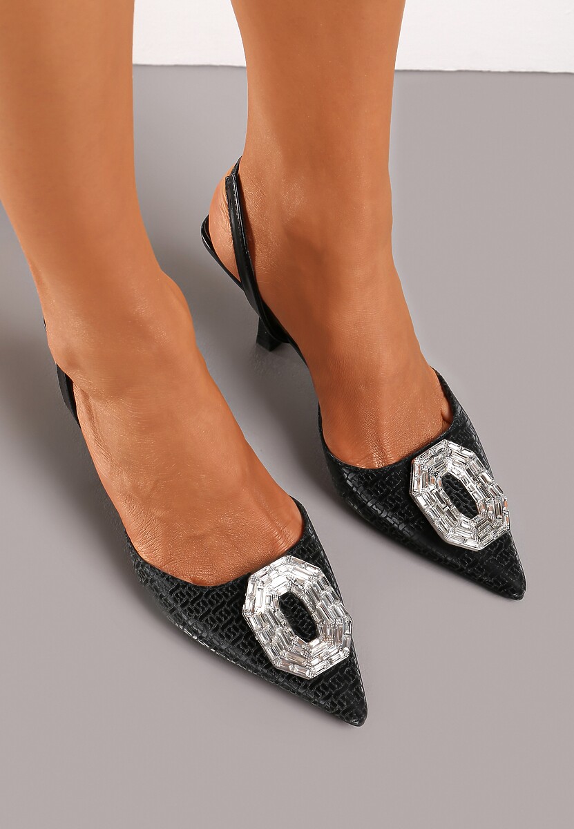 Czarne Sandały z Odkrytą Piętą Ozdobione Metaliczną Wstawką i Cyrkoniami Urushi