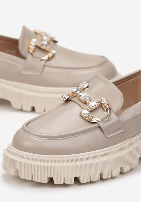 Ciemnobeżowe Mokasyny na Platformie z Klamerką Arucja