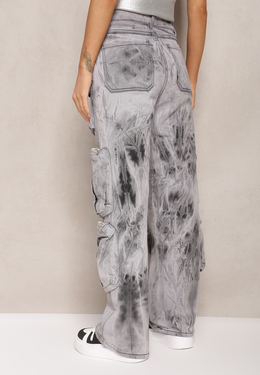 Szare Jeansy w Stylu Cargo z Naszytymi Kieszeniami Deriada