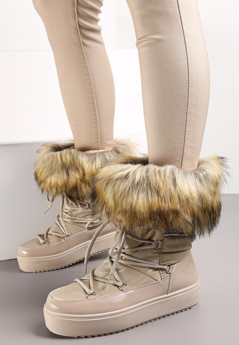 Ciemnobeżowe Sznurowane Śniegowce na Platformie z Ozdobnym Futerkiem i Napisem Bressi