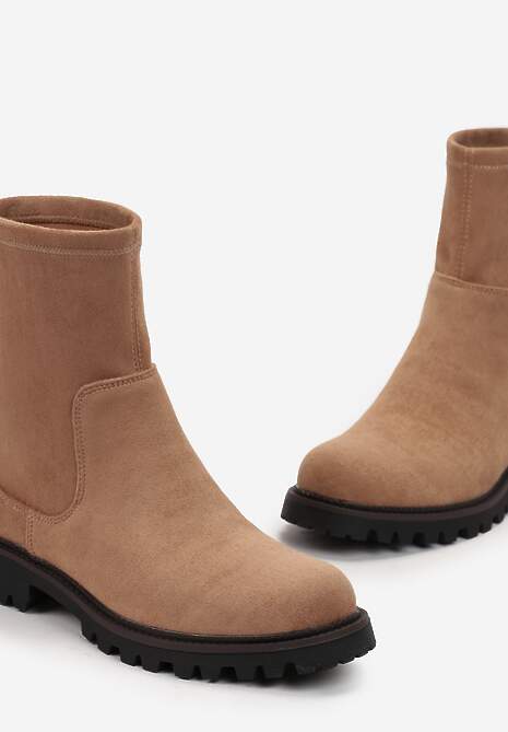 Ciemnobeżowe Botki za Kostkę z Imitacji Zamszu Silvano