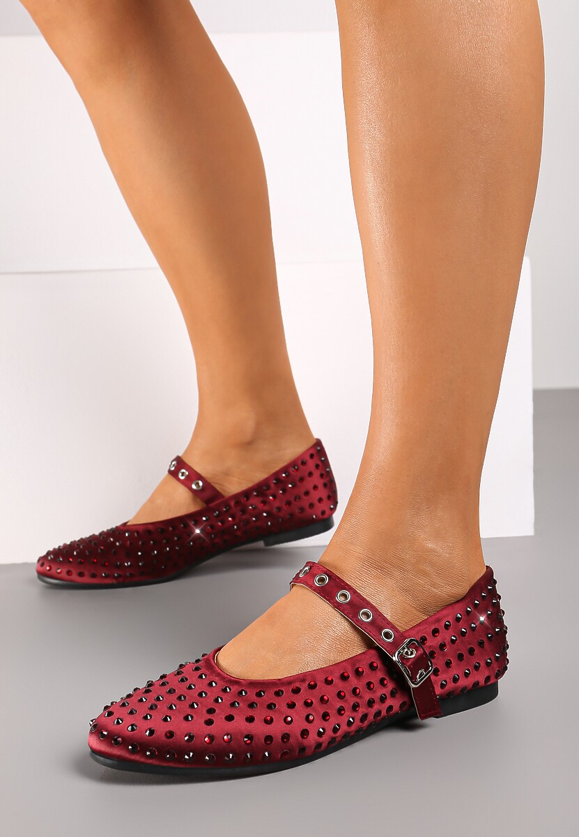 Bordowe Cyrkoniowe Balerinki w Stylu Mary Jane na Płaskiej Podeszwie z Ozdobnym Paskiem Armiola