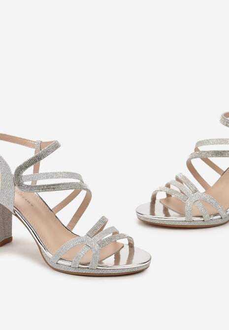 Srebrne Sandały na Słupku z Cienkimi Paskami Ozdobione Cyrkoniami Felioma
