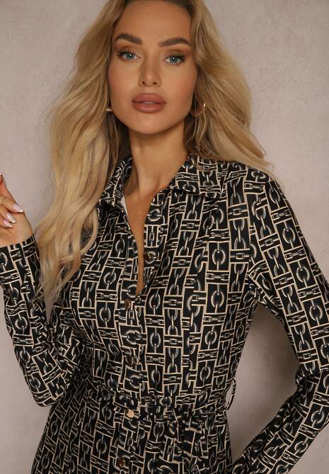 Czarno-Szara Sukienka o Koszulowym Fasonie z Wiązanym Paskiem i Abstrakcyjnym Wzorem Sairina