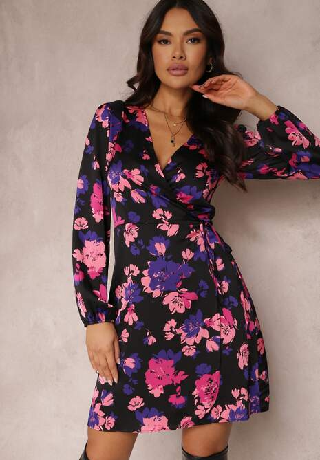 Czarno-Różowa Sukienka Kopertowa w Kwiaty Toxophile