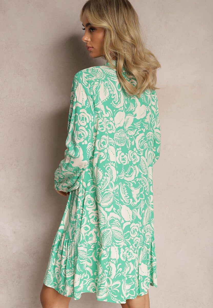Zielona Rozkloszowana Sukienka Mini z Wiskozy w Koszulowym Stylu z Motywem Natury Berdia