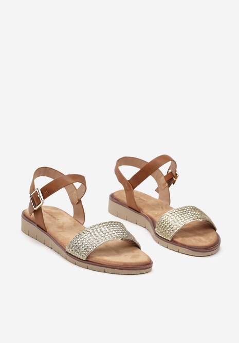 Złote Sandały na Płaskiej Podeszwie z Plecioną Paskiem Jutowym Tesarine