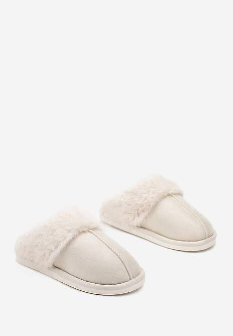 Beżowe Wsuwane Kapcie Ozdobione Futerkiem i Przeszyciami Almane