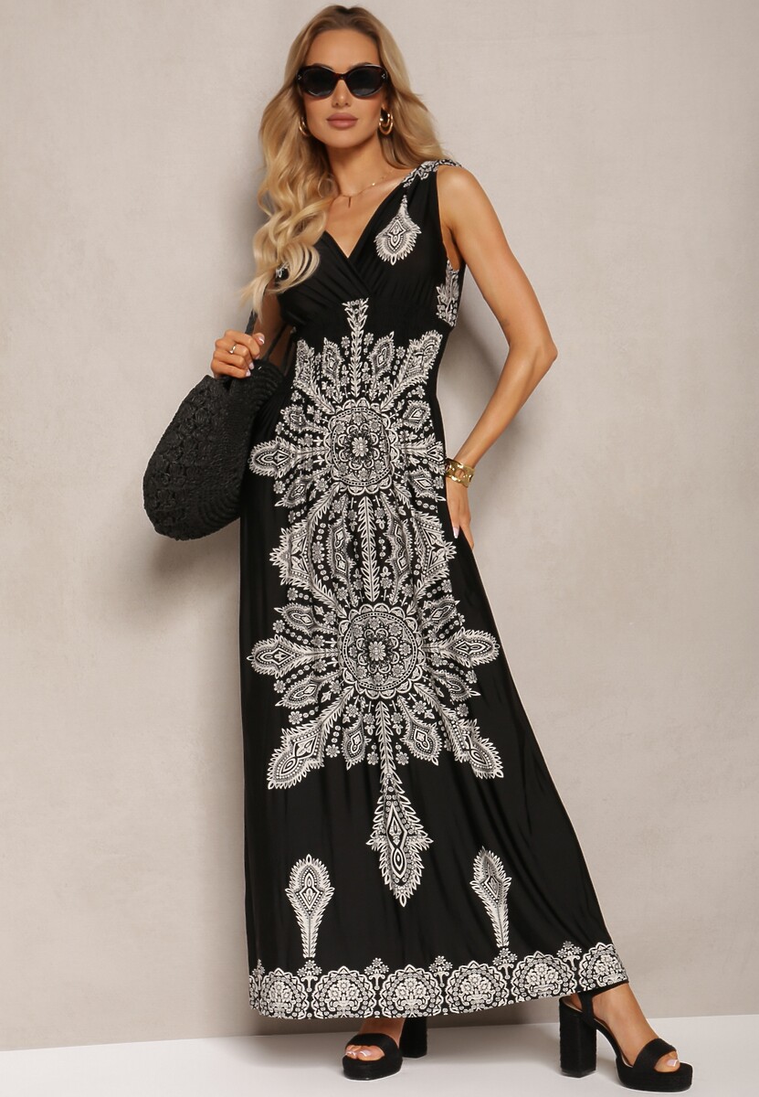 Czarna Sukienka z Ornamentalnym Wzorem Sznurkami Przy Ramionach i Gumką w Talii Alerada