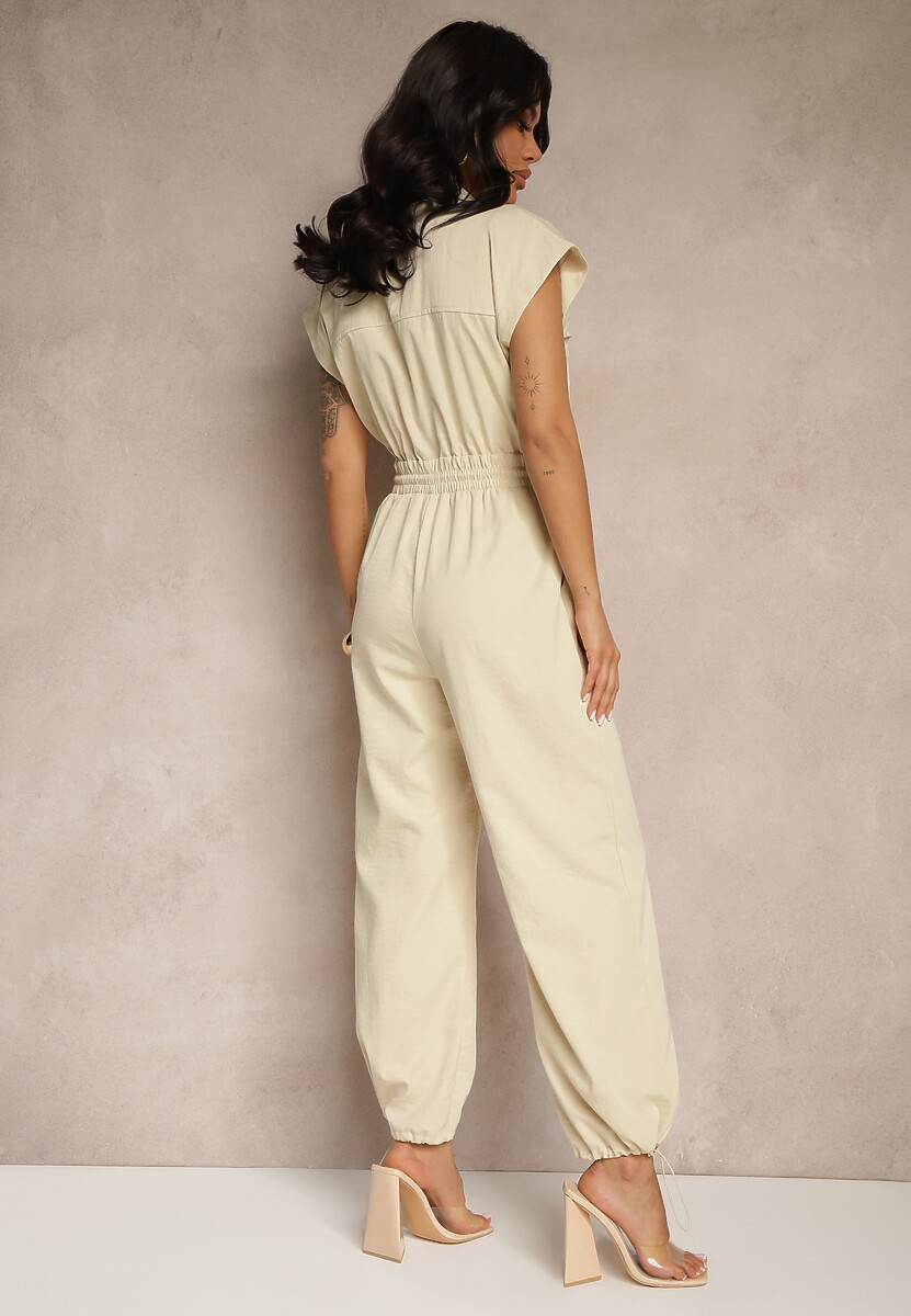 Beżowy Kombinezon z Krótkim Rękawem i Kołnierzykiem Zapinany na Suwak Soveldi