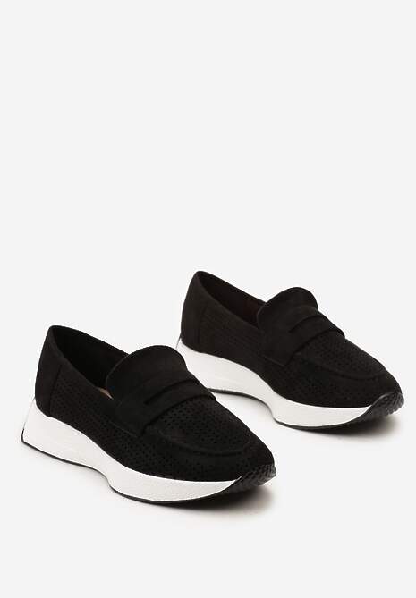 Czarne Ażurowe Półbuty Mokasyny na Niewysokiej Platformie Zuni