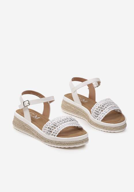 Białe Sandały w Stylu Boho z Plecionką i Kryształkami Arigatta