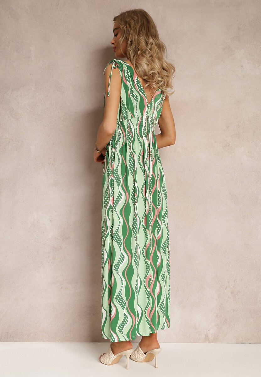 Zielona Wiskozowa Sukienka Maxi z Gumkami w Pasie i Ściągaczami na Ramionach Kaesa