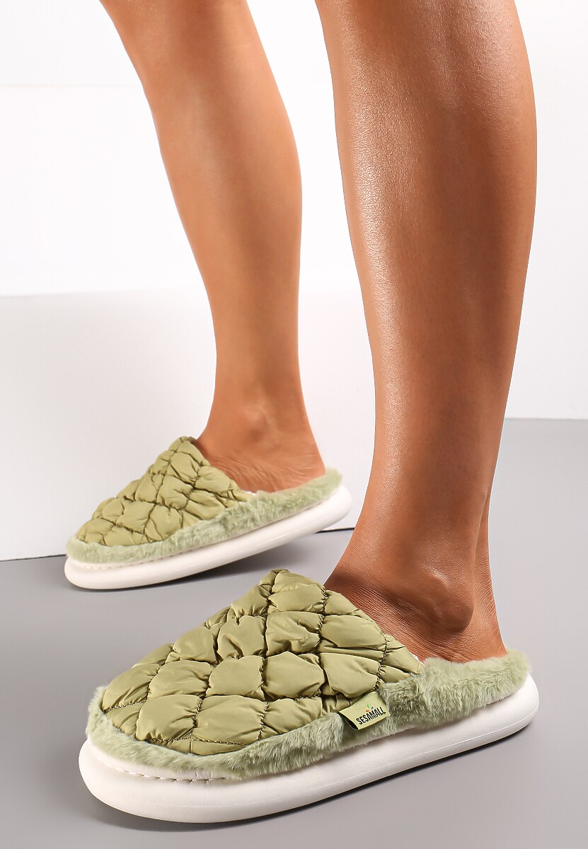 Zielone Eleganckie Kapcie Pikowane na Niskiej Platformie Tavemene