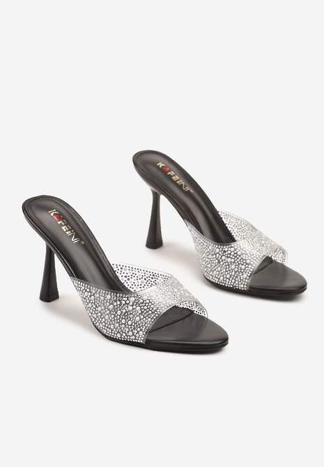 Czarne Przezroczyste Klapki na Szpilce z Cyrkoniami Nelfia