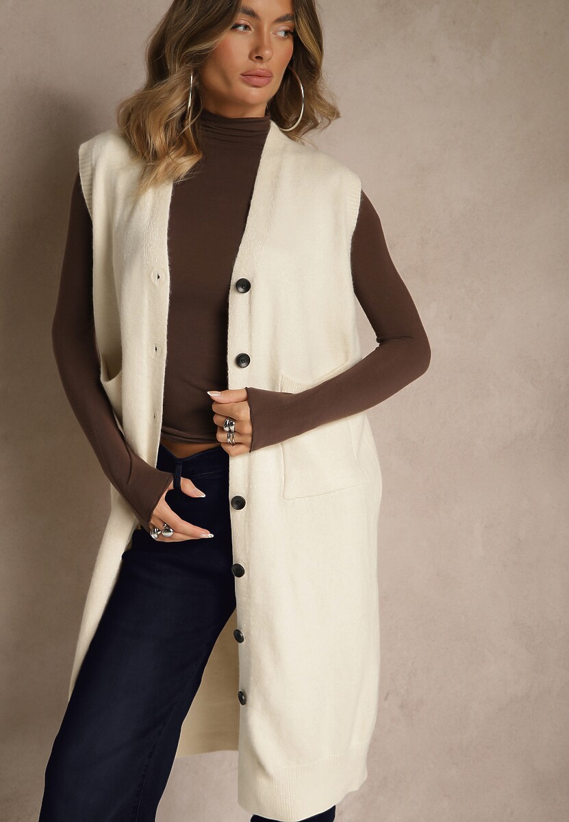 Jasnobeżowa Długa Kamizelka z Dzianiny z Wełną i Guzikami Issarae