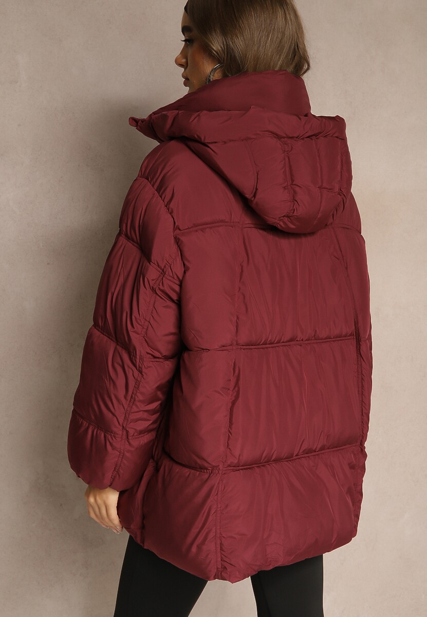 Bordowa Kurtka Oversize z Pikowanymi Przeszyciami i Kapturem Galeana