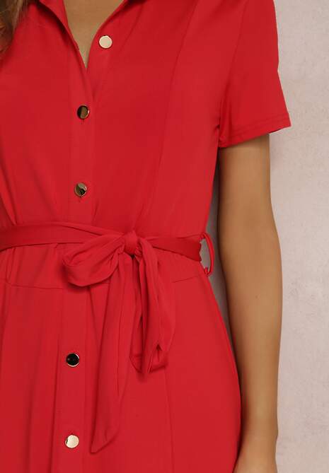 Czerwona Sukienka Koszulowa z Wiązanym Paskiem Asheila