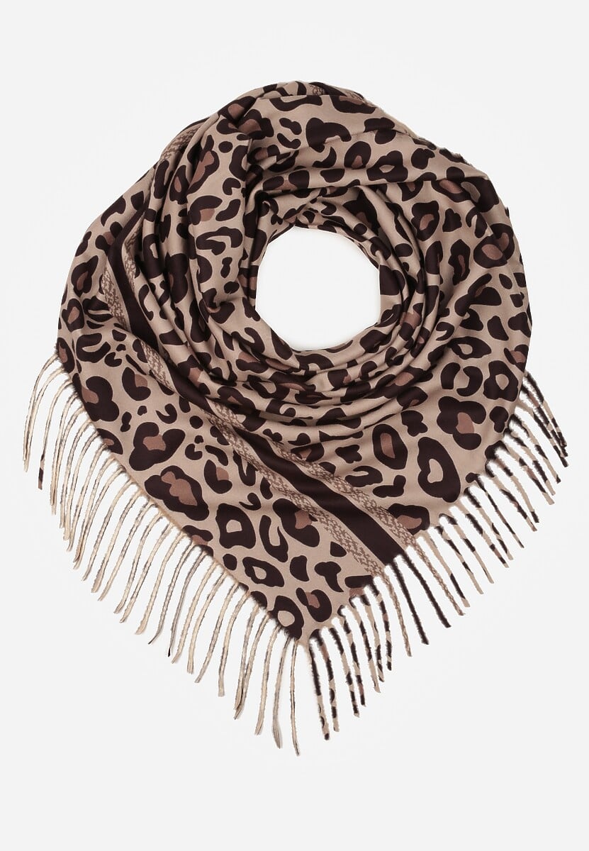 Brązowy Wiskozowy Szalik w Panterkę Wykończony Frędzlami Alefera