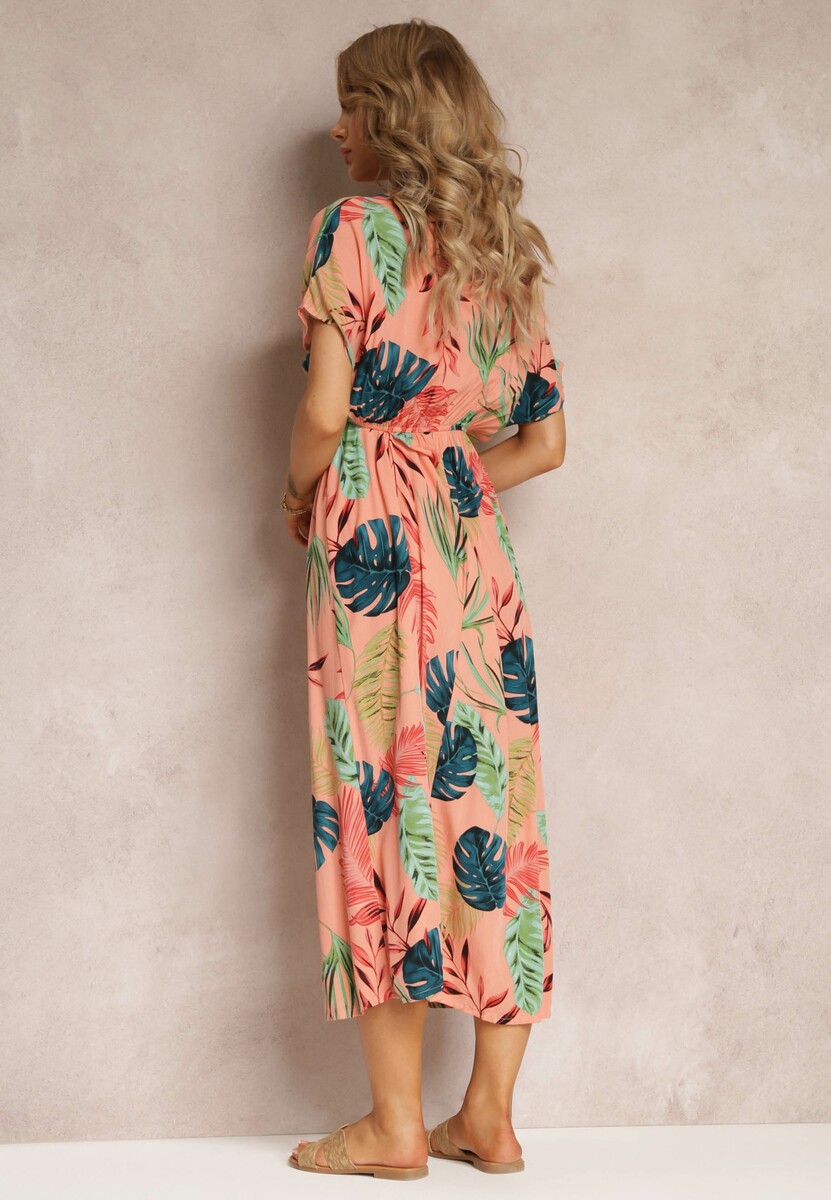 Różowa Sukienka z Wiskozy w Kwiaty i Gumką w Pasie Timnita