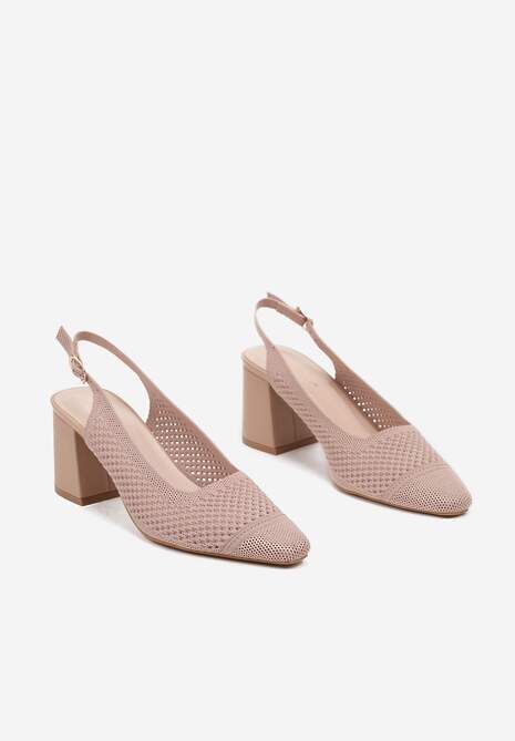 Ciemnobeżowe Sandały na Słupku Typu Slingback z Ażurową Cholewką Morivira