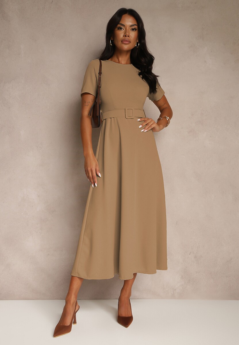 Ciemnobeżowa Sukienka o Rozkloszowanym Kroju z Ozdobnym Paskiem Desiliena