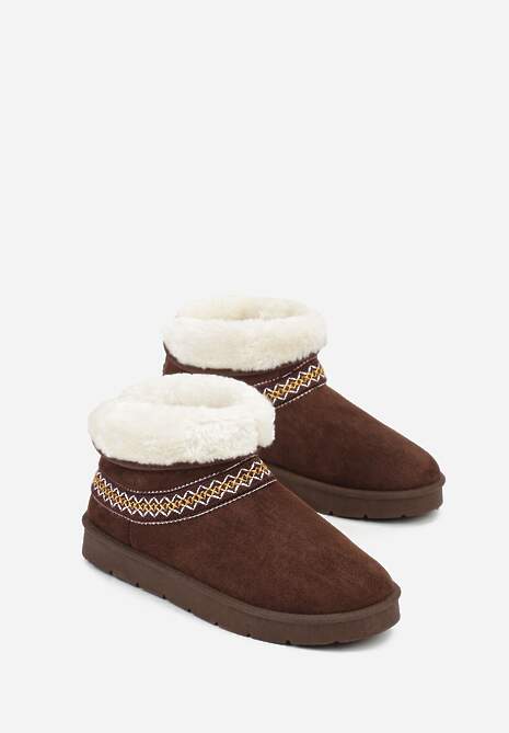 Ciemnobrązowe Rustykalne Śniegowce z Imitacji Zamszu z Haftem i Futerkiem Zetilda