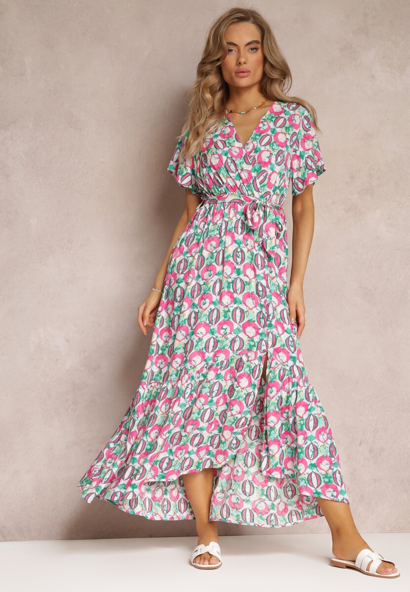 Różowa Sukienka z Wiskozy i Kopertowym Dekoltem w Fantazyjny Print Abai