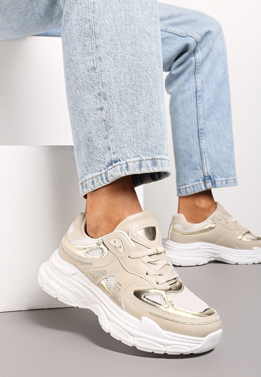 Beżowe Sneakersy z Siateczkowymi i Metalicznymi Wstawkami Telarisa