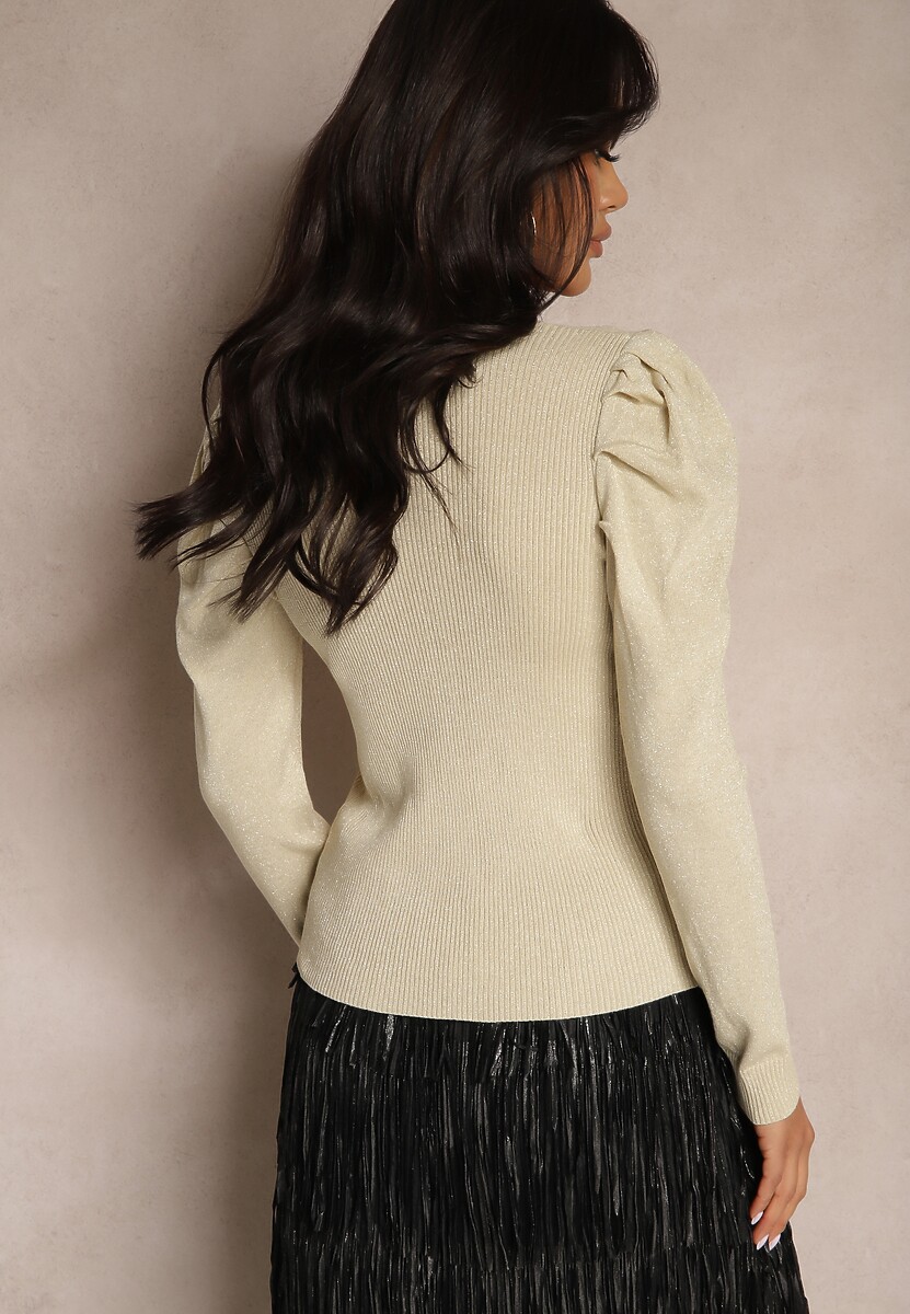 Jasnobeżowy Sweter z Wiskozą Ozdobiony Bufiastymi Rękawami i Metaliczną Nicią Sanarelle