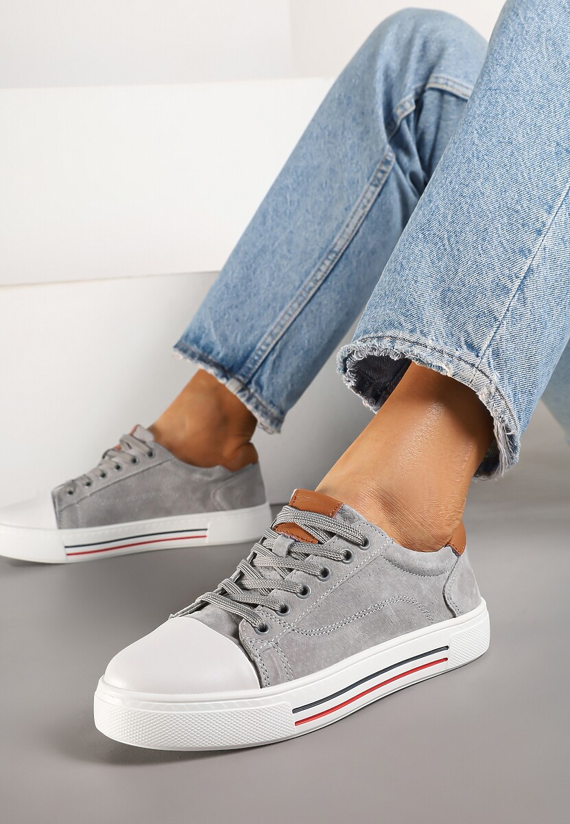 Szare Płaskie Trampki ze Skóry Naturalnej ze Skórzaną Wkładką i Ozdobnym Noskiem Milili