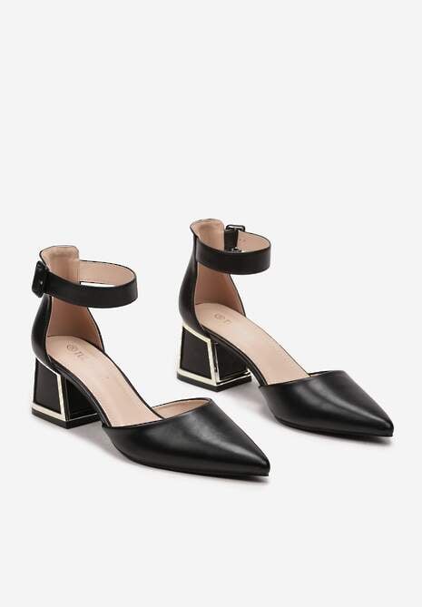 Czarne Czółenka na Ozdobnym Słupku z Noskiem w Szpic i Paskiem Przy Kostce Venelia