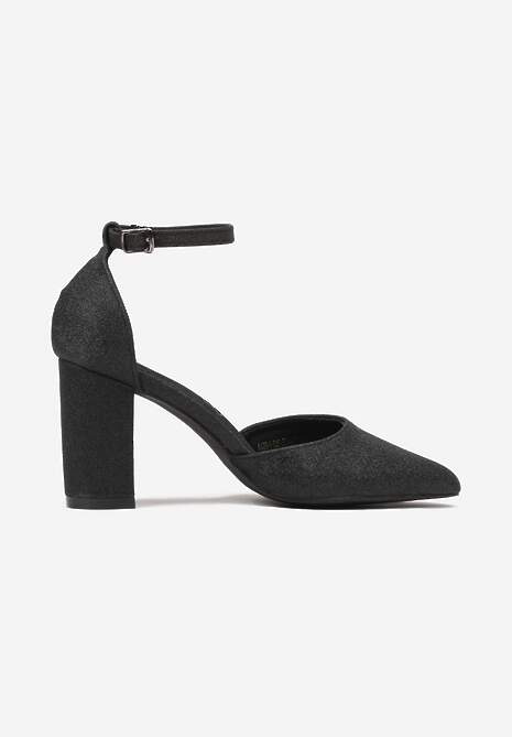 Czarne Brokatowe Czółenka Vices na Słupku ze Skórzaną Wkładką Rianora