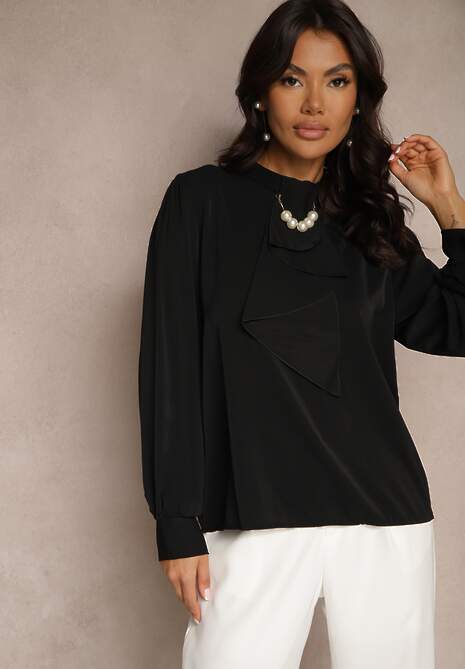 Czarna Bluzka z Ozdobnymi Perełkami i Falbaną Mirretis