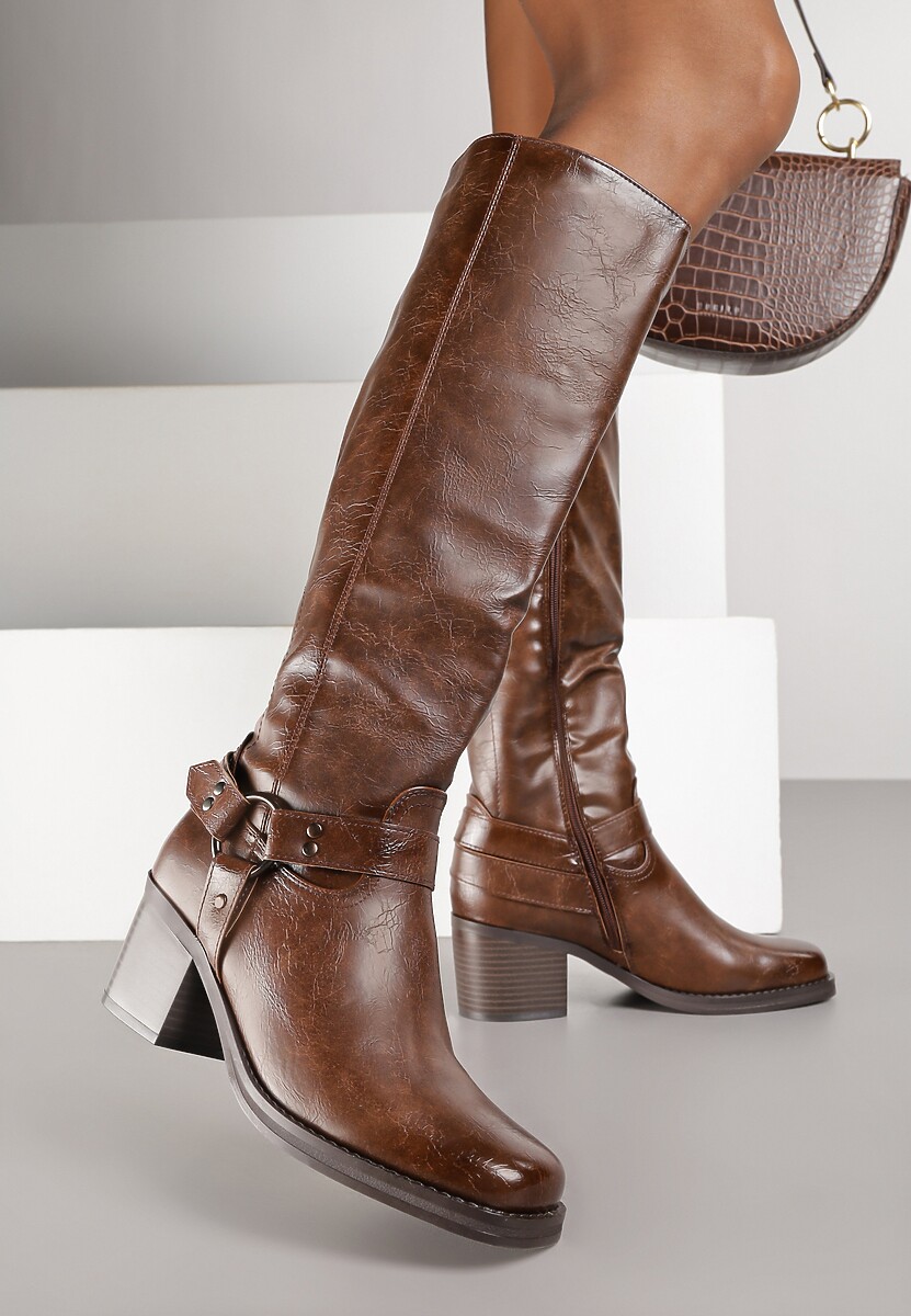Brązowe Kozaki na Obcasie w Stylu Bikerów z Okrągłą Klamrą Eziella