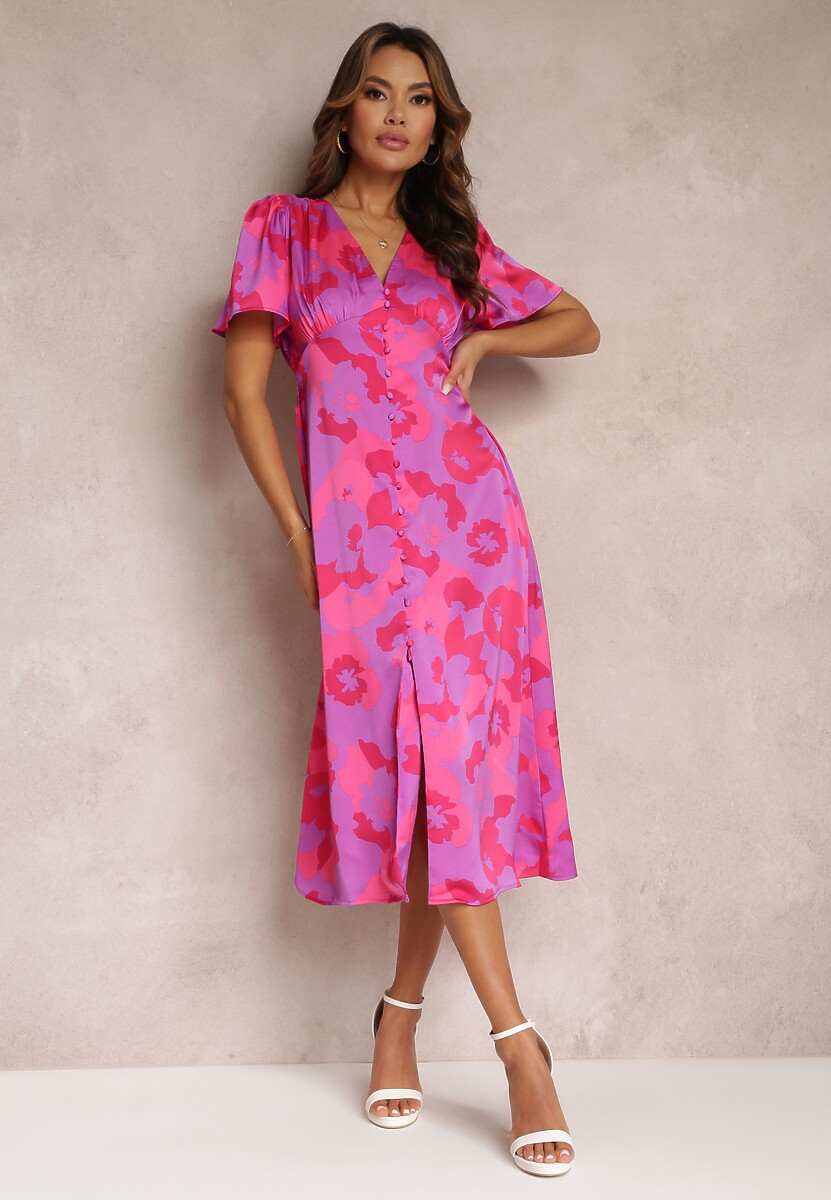 Fioletowa Rozkloszowana Sukienka na Guziki w Kwiaty Meliar