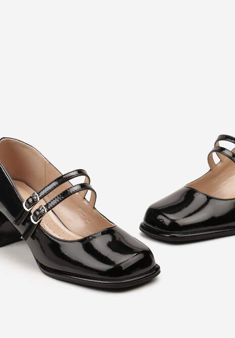 Czarne Czółenka z Lakierowanej Ekoskóry na Słupku ze Sprzączkami Danida