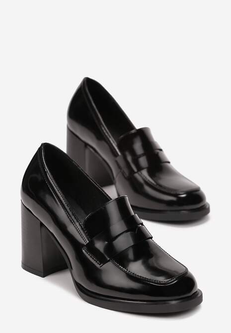 Czarne Półbuty na Wysokim Słupku z Okrągłym Noskiem i Przeszyciami Adenor