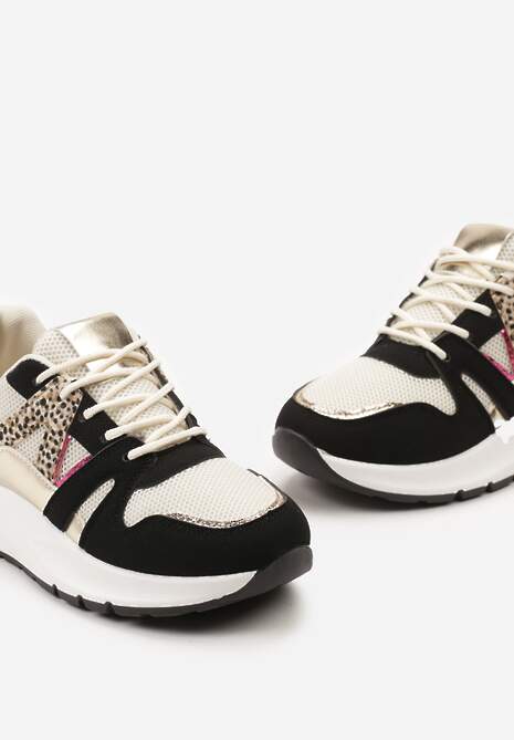 Czarno-Beżowe Sneakersy z Siateczkowymi i Metalicznymi Zdobieniami Detama