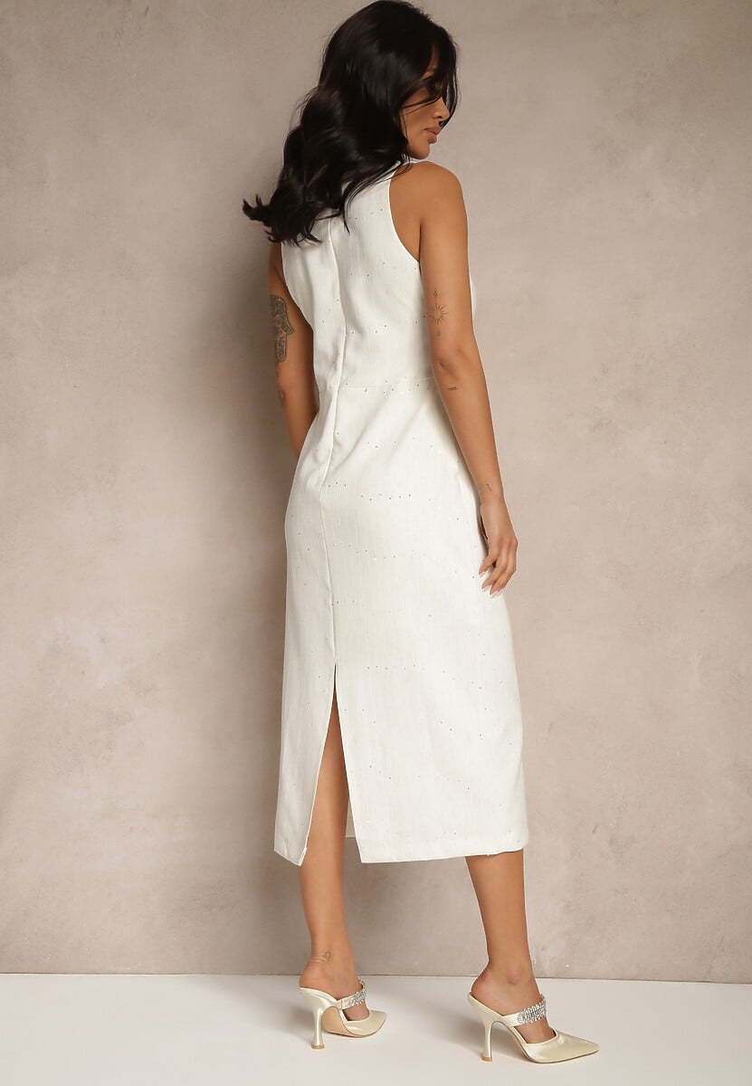 Jasnobeżowa Sukienka z Lnem o Taliowanym Kroju z Imitacją Kamizelki z Cekinami Rosarienna