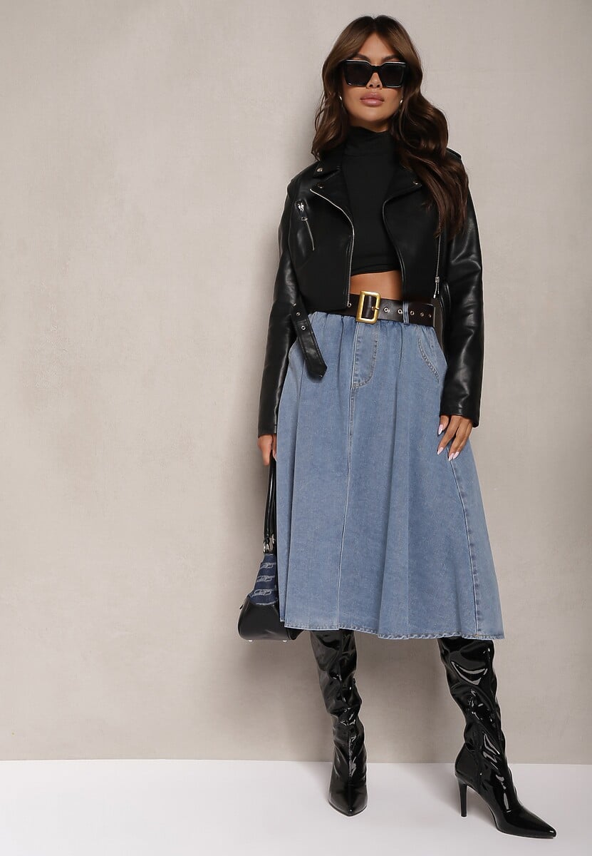 Czarna Rozkloszowana Spódnica Jeansowa Midi z Paskiem Wendlla